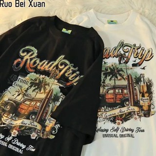 RUO BEI XUAN ฤดูร้อนใหม่สไตล์ถนนอเมริกันพิมพ์เสื้อยืดแขนสั้นลำลองหลวมๆ