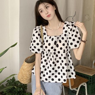 Linki ღ เสื้อเชิ้ต แขนสั้น คอสี่เหลี่ยม ลายจุด แฟชั่นเกาหลี สุดชิค สําหรับผู้หญิง