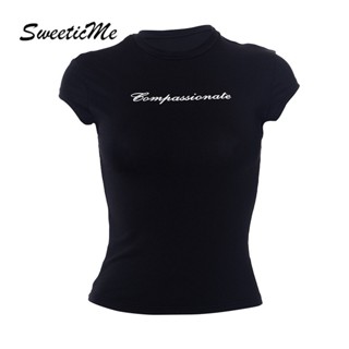 Sweeticme ใหม่ เสื้อยืดครอป คอกลม แขนสั้น พิมพ์ลาย ทรงสลิมฟิต แฟชั่นสําหรับผู้หญิง 2023