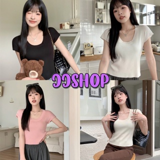 JJ shop 💜พร้อมส่ง เสื้อไหมพรมผ้าร่องแขนสั้น คอกลมสีพื้นเรียบง่าย  ยืดกำลังดี "6A97" -C