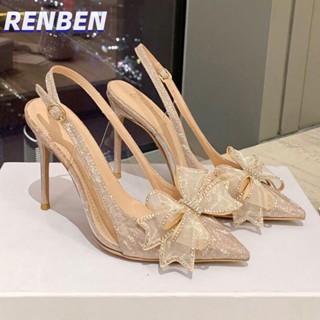 RENBEN ใหม่แชมเปญรองเท้าส้นสูงโบว์ rhinestone ชี้นิ้วเท้ากริชส้นโปร่งใสรองเท้าแตะ