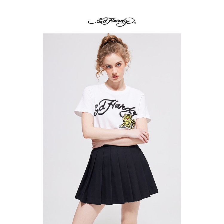 Ed Hardy ฤดูใบไม้ผลิใหม่คลาสสิกโลโก้แนวโน้ม Puppy Tiger พิมพ์เสื้อยืดแขนสั้นผู้หญิง E1PAW027