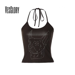 Vesglory เสื้อกล้ามลําลอง คอยู เปิดหลัง ทรงสลิมฟิต ประดับพลอยเทียม แฟชั่นสําหรับสตรี 2023