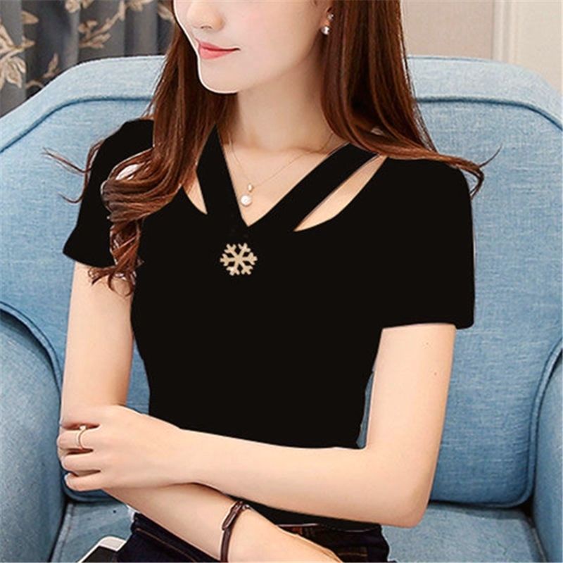 【#290] เสื้อยืดแขนสั้น คอวี เข้ารูป ลายทาง สไตล์เกาหลี แฟชั่นฤดูร้อน สําหรับผู้หญิง