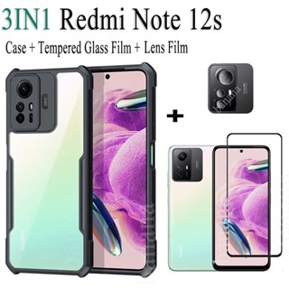 3 in 1 เคสโทรศัพท์มือถือ ฟิล์มกระจกนิรภัย กันตก และฟิล์มเลนส์ สําหรับ Redmi Note 12s Note 12 4G 5G Note 12 Pro 12C