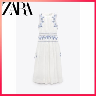 Zara ใหม่ ชุดเดรสแขนกุด คอกลม ปักลาย สําหรับผู้หญิง