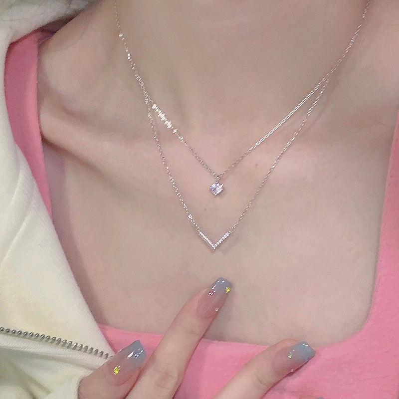 สร้อยคอเงิน 925 จี้คริสตัล รูปตัว V สองชั้น ประดับเพทาย เครื่องประดับ ของขวัญ สําหรับผู้หญิง