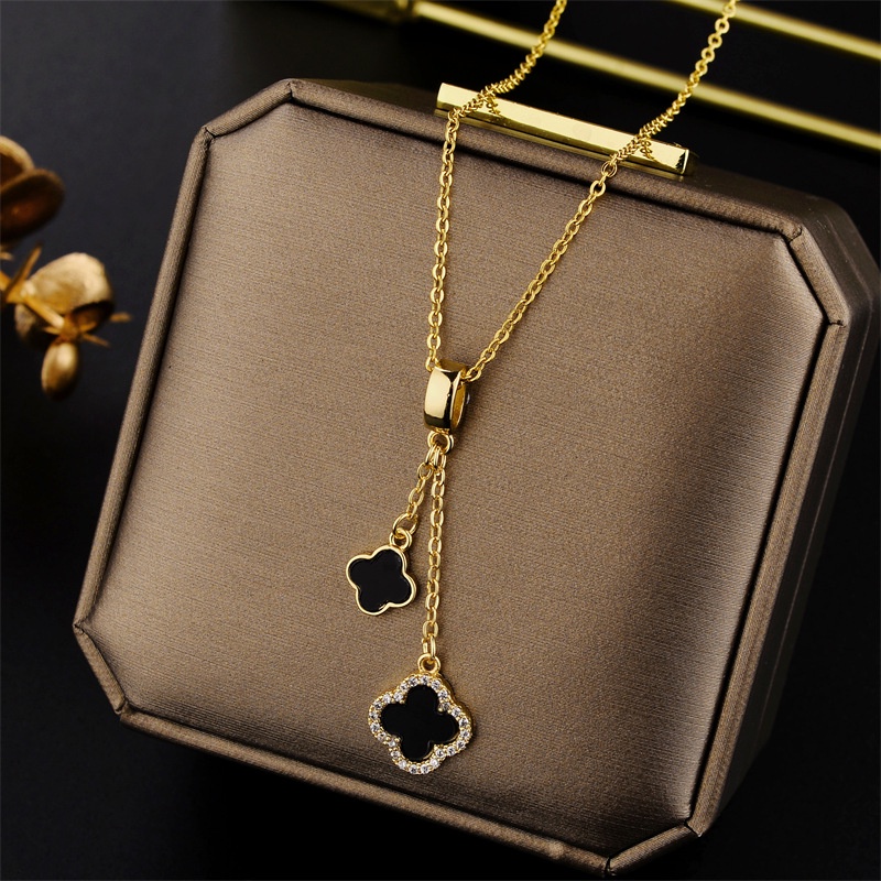Ht Micro-Inlaid Zircon พู่ Four-Leaf Clover จี้ไทเทเนียมเหล็กสแตนเลส Clavicle Chain เครื่องประดับสาว ราคา ถูกที่สุด ดีลบีเคเค แกลเลอรีภาพที่ 2