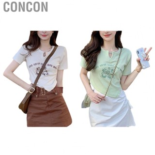 Concon Short Sleeved Blouse  Elastic Printed Pattern Fitted Sleeve Shirt for Dating Female