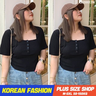 Plus size เสื้อผ้าสาวอวบ❤ เสื้อยืดสาวอวบอ้วน ไซส์ใหญ่ ผู้หญิง ทรงหลวม แขนสั้น คอเหลี่ยม สีดำ ฤดูร้อน สไตล์เกาหลีแฟชั่น