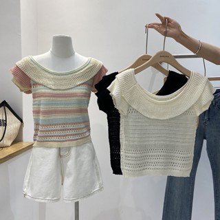 เสื้อเปิดไหล่ ผ้าถัก ลายทาง หลากสี แฟชั่นฤดูร้อน