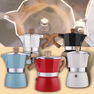 Moka Pot กาต้มกาแฟสดพกพา รุ่นหนา หม้อต้มกาแฟ ทรงแปดเหลี่ยม หูจับลายไม้ มีหลายสี