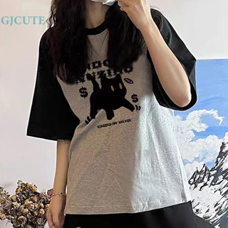 Gjcute เสื้อยืดลําลอง แขนสั้น คอกลม พิมพ์ลาย Raglan ทรงหลวม สไตล์อเมริกัน เรโทร แฟชั่นฤดูร้อน สําหรับสตรี WTD