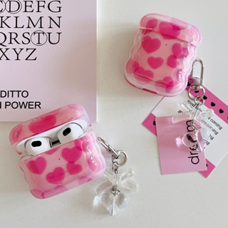 เคสหูฟัง รูปหัวใจ ประดับโบว์ สีชมพู พร้อมจี้พวงกุญแจ สําหรับ AirPods Pro 1 2 2 3