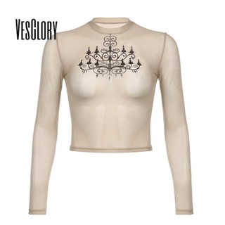 Vesglory เสื้อครอปท็อปแขนยาว คอกลม โปร่งแสง พิมพ์ลาย สไตล์เรโทร สําหรับผู้หญิง 2023