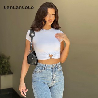 Lanlanlolo เสื้อยืดลําลอง คอกลม แขนสั้น สีพื้น สําหรับสตรี 2023