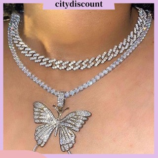 &lt;citydiscount&gt; สร้อยคอโซ่ สองชั้น รูปผีเสื้อ ขนาดใหญ่ ฝังพลอยเทียม เครื่องประดับ