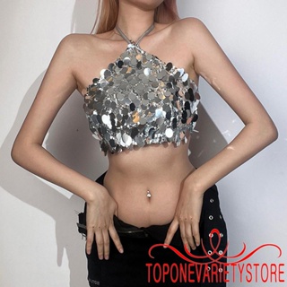 Topone- เสื้อครอปท็อป แขนกุด ประดับเลื่อม เปิดหลัง เข้ารูป สไตล์สตรีท ฤดูร้อน สําหรับผู้หญิง