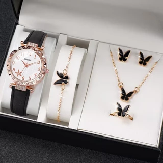 Elegant Lady Jewelry & Leather Watch พร้อมนาฬิกาข้อมือควอตซ์สําหรับผู้หญิงเหมาะสําหรับของขวัญ