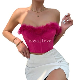 Royal Y2k เสื้อครอปท็อป เกาะอก เอวลอย แต่งขนนก สไตล์วินเทจ สําหรับผู้หญิง Y2k Bandeau