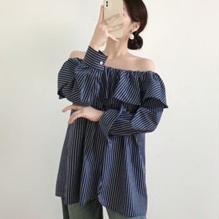 เสื้อเชิ้ต เปิดไหล่ ทรงหลวม ลายทาง สีฟ้า แฟชั่นฤดูใบไม้ร่วง สไตล์เรโทร สําหรับผู้หญิง 2023