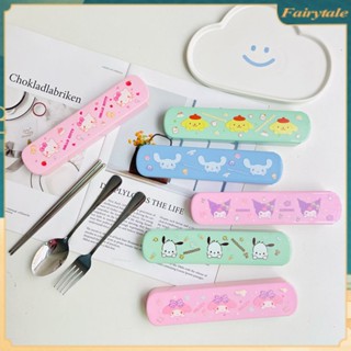 Sanrio ชุดช้อนส้อมตะเกียบ สเตนเลส สองชิ้น พกพาง่าย สําหรับเด็กนักเรียน