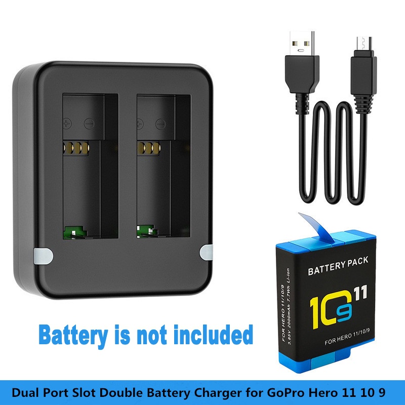 [พร้อมสต็อก] Dual Port Slot เครื่องชาร์จแบตเตอรี่คู่สําหรับ Gopro Go Pro Hero 12 11 10 9 สีดําพร้อมสาย USB อุปกรณ์เสริมสําหรับกล้องแอคชั่นแคมเมรา