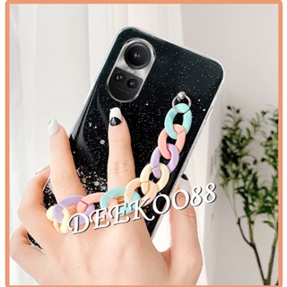 เคสโทรศัพท์มือถือแบบใส แต่งกลิตเตอร์ พร้อมสายโซ่คล้อง สีรุ้ง สําหรับ OPPO Reno10 Pro Plus Pro+ 5G 2023 Reno 10 10Pro Reno10Pro+