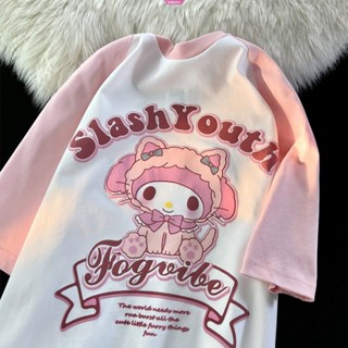 ใหม่ เสื้อยืดแขนสั้น ผ้าฝ้ายแท้ พิมพ์ลายการ์ตูน Sanrio Kawaii Kuromi My Melody ทรงหลวม แฟชั่นสําหรับผู้ชาย และผู้หญิง 2023