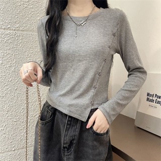 เสื้อยืดแขนยาว เข้ารูป สีเทาทึบ แฟชั่นสไตล์เกาหลี สําหรับผู้หญิง LABD
