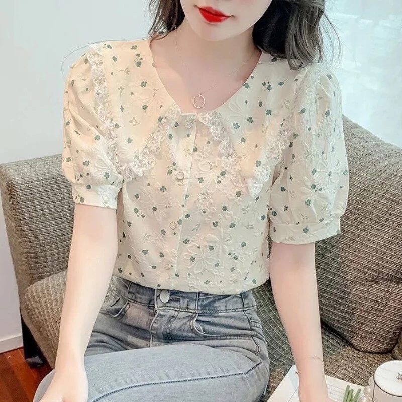 เสื้อลายดอกไม้สไตล์เกาหลีแขนสั้นผ้าชีฟอง thumbnail 3