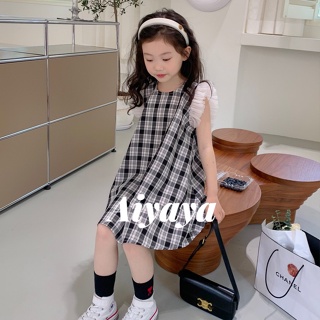 Aiyaya ชุดเดรสเด็กผู้หญิง ชุดลูกไม้สีดำลายสก๊อต น่ารักหวานสไตล์ แฟชั่นเด็กผู้หญิง (667)