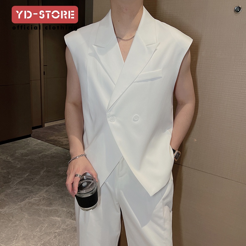 สูทแขนกุดผู้ชาย สไตล์ลำลอง คุณภาพสูง สีขาว ออกแบบแบบสองแถวปัก อินเทรนด์ในฤดูร้อน