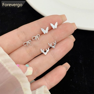 Forevergo ต่างหูกระดุม โลหะผสม รูปดาว ดอกไม้ สัตว์ เรียบง่าย สีเงิน เครื่องประดับ สําหรับผู้หญิง U7W7 3 คู่ ต่อชุด