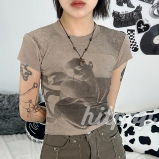 Hitpop- เสื้อครอปท็อป คอกลม แขนสั้น พิมพ์ลาย แนวสตรีท สไตล์วินเทจ สําหรับผู้หญิง