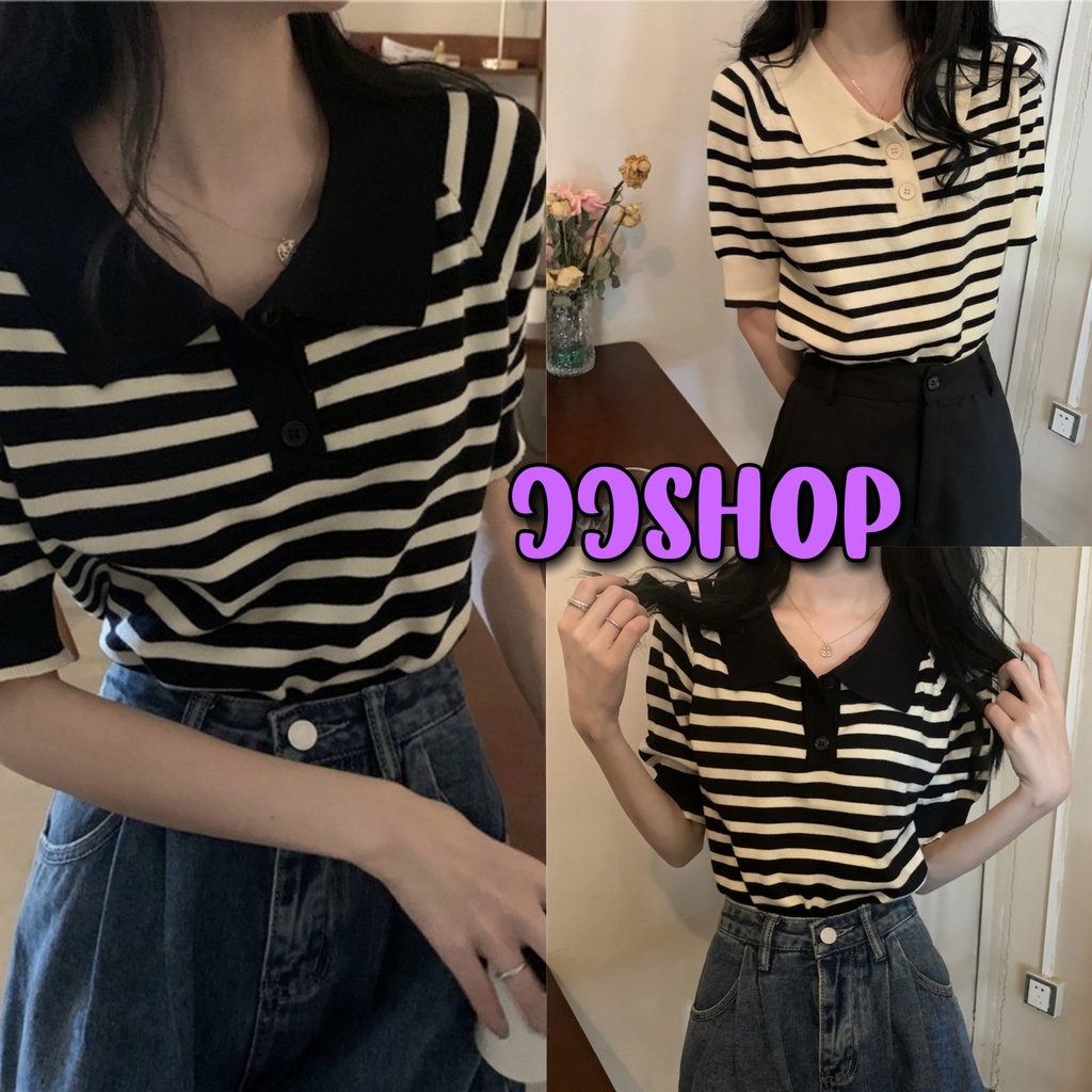 JJ Shop​ ​พร้อมส่ง เสื้อไหมพรมแขนสั้นดีเทลลายทาง กระดุมด้านหน้าคอปก "81056"