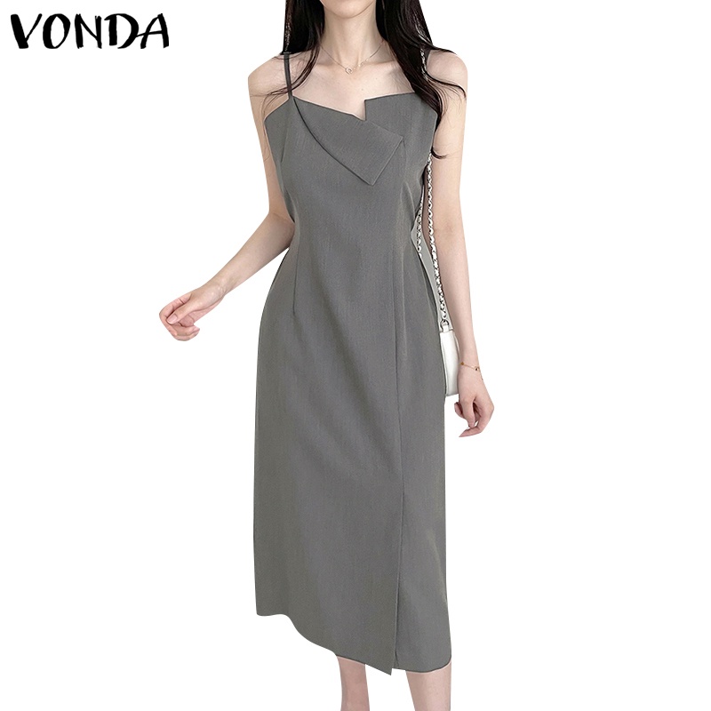 Vonda ชุดเดรสแขนกุด คอไม่สม่ําเสมอ สีพื้น สไตล์เกาหลี สําหรับผู้หญิง