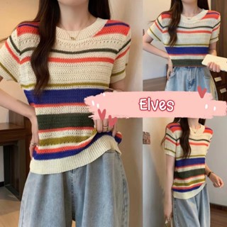 Elves✨พร้อมส่ง✨  เสื้อถักไหมพรมลายทาง แขนสั้นคอกลม  ผ้าซีทรูบางๆ 2สี  ~29055~ -C