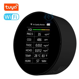 [mjia] Tuya เครื่องตรวจจับคุณภาพอากาศ WiFi 7 In 1 PM2.5 TVOC CO2 HCHO อุณหภูมิความชื้น AQI อเนกประสงค์ สําหรับบ้าน สํานักงาน รถยนต์