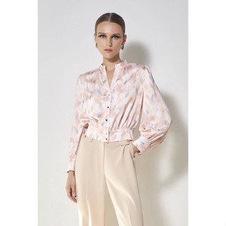 ESPADA เสื้อเบลาส์ลายแอ็ปสแต็ก ผู้หญิง สีชมพูอ่อน | Abstract Art Print V-Neck Collar Blouse | 4614