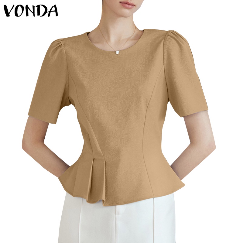 Vonda เสื้อคอกลม แขนสั้น จับจีบ ลําลอง สไตล์เกาหลี สําหรับผู้หญิง