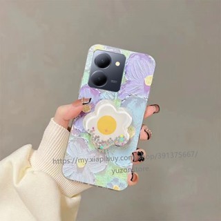 พร้อมส่ง เคสโทรศัพท์มือถือแบบนิ่ม กันกระแทก ลายภาพวาดสีน้ํามัน รูปดอกไม้ พร้อมขาตั้ง สไตล์เรโทร สําหรับ VIVO Y27 4G 5G 2023 เคส Phone Case