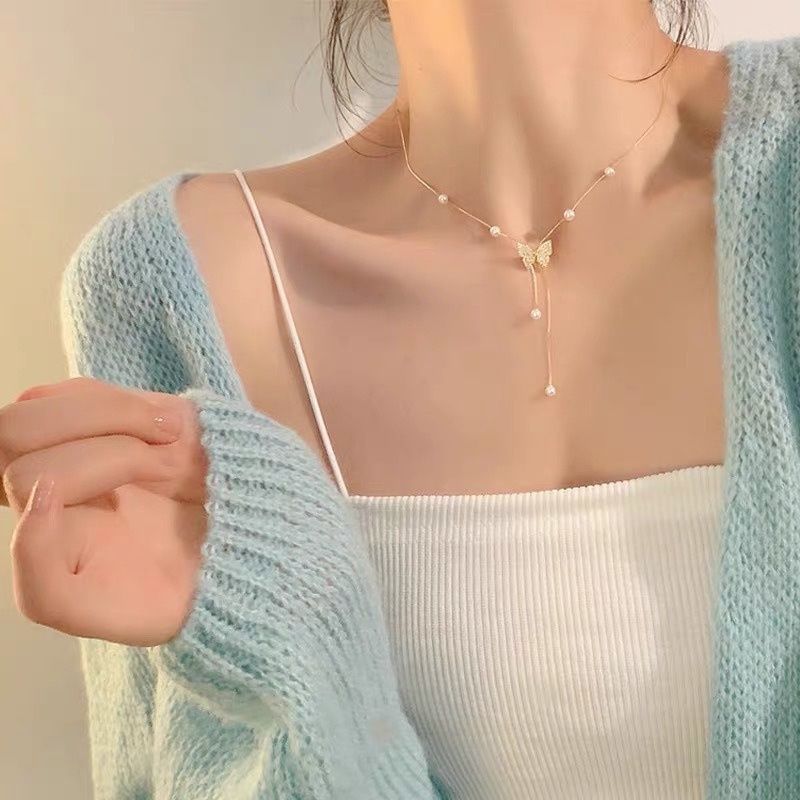 จี้ขอบเพชร แวววาว หวานแหวว / โช้กเกอร์ผีเสื้อ เด็กผู้หญิง แฟชั่น / โซ่ไหปลาร้า พู่มุก / สร้อยคออารมณ์หรูหรา เบา / เครื่องประดับจัดงานแต่งงาน ของขวัญวันเกิด