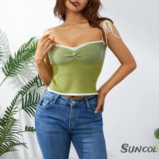 Suncol- เสื้อกล้าม ผ้าวูลถัก สายสปาเก็ตตี้ เปลือยหลัง สีตัดกัน แฟชั่นฤดูร้อน สําหรับผู้หญิง