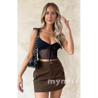 Mymiss1 เสื้อครอปแขนกุด คอวี ผ้าตาข่าย สีพื้น สําหรับผู้หญิง