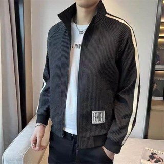 MNO.9 Jacket J111 เสื้อแจ็คเก็ตชาย สีขาว สีดำ สไตล์เกาหลี คอตั้ง เสื้อคลุมชาย แต่งแขนลายแถบ มีซับใน