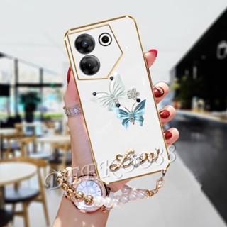  เคสป้องกันโทรศัพท์มือถือ แบบนิ่ม ลายผีเสื้อ มันวาว มีสายคล้อง สําหรับ Tecno Camon 20 Pro Premier Spark Go 2023 10C 10 Pro POVA 4 4G 5G