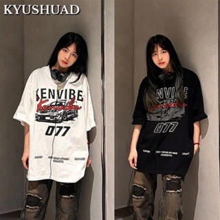 KYUSHUAD ผ้าฝ้าย 100% อเมริกันเรโทรแขนสั้น, ด้านบนเสื้อยืดยาวปานกลางใหม่และอเนกประสงค์,