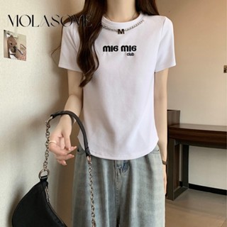 Molasome เสื้อยืดลําลอง ผ้าฝ้าย แขนสั้น คอกลม ทรงสลิมฟิต พิมพ์ลาย สําหรับสตรี 2023