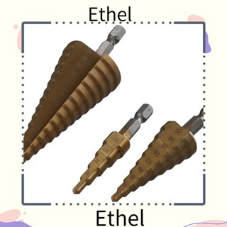 Ethel1 ชุดดอกสว่านเจาะขั้นบันได แกนหกเหลี่ยม 4-32 มม. 1/4 นิ้ว ความเร็วสูง เคลือบไทเทเนียม สีทอง สําหรับงานไม้ โลหะ 3 ชิ้น